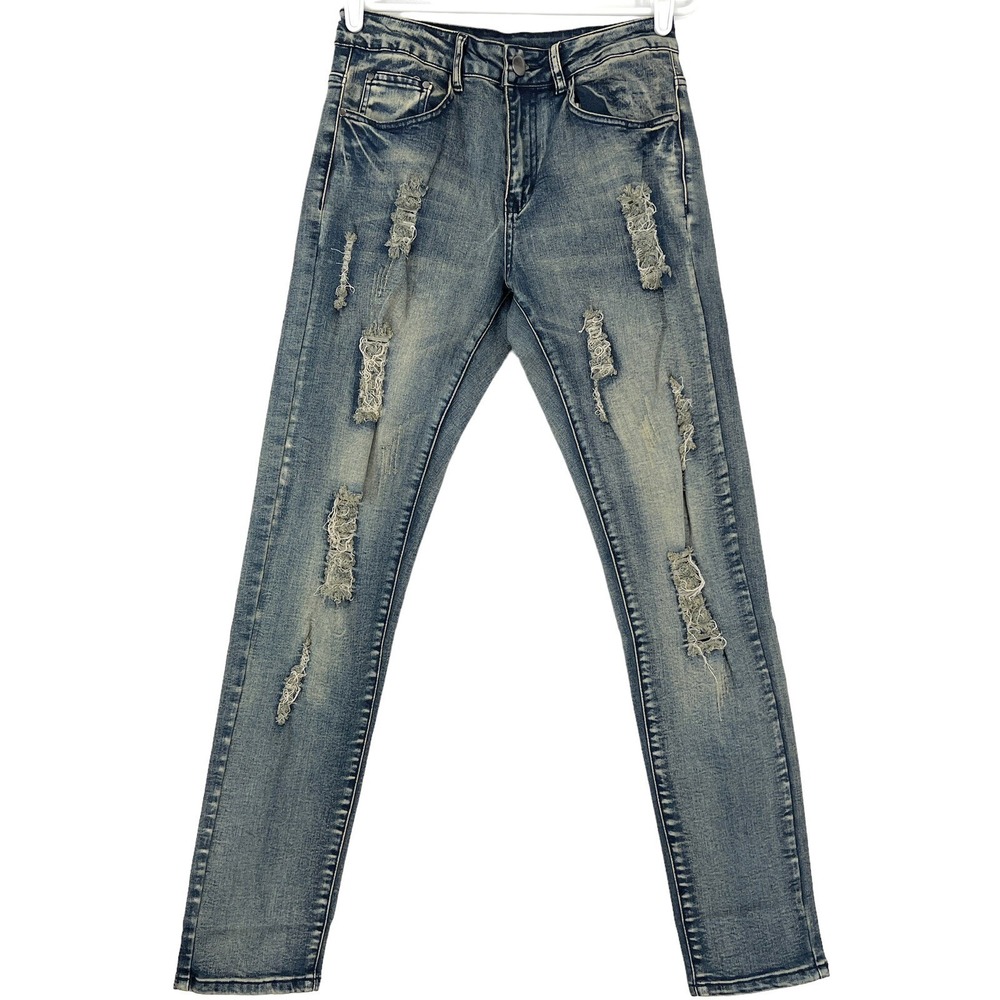 LAVIKS Men's Distressed Stretch Denim Jeans Sz 28 Wash Blue Skinny Mid Rise NWT
